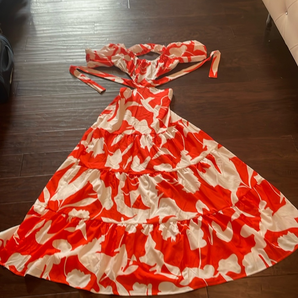 Never worn size medium cutout sides and back tangerine and white maxi sundress